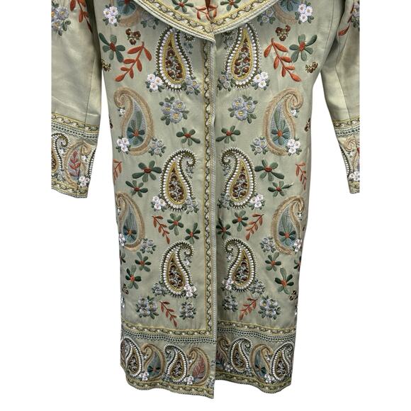 Biya Johnny Was 100% Silk Embroidered Western Boho Duster Coat Beige XS - Picture 8 of 16